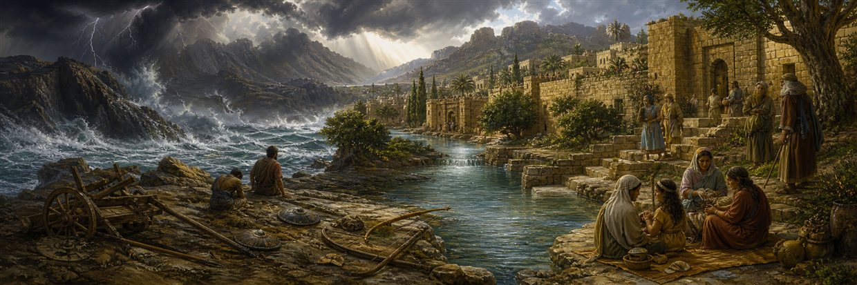 Families rest beside a clear river while mountains churn and abandoned bows lie outside