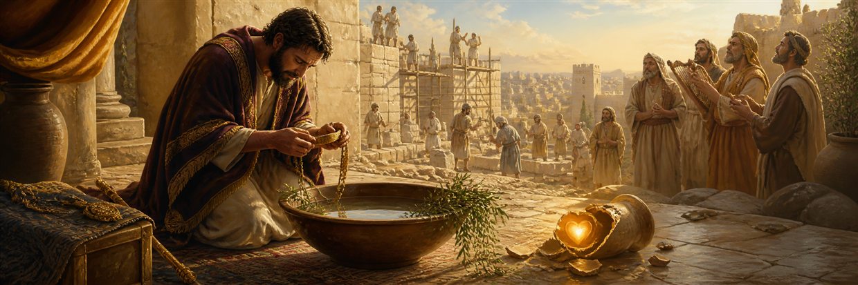 A humbled king removes royal jewelry beside a cleansing basin while workers rebuild Jerusalem