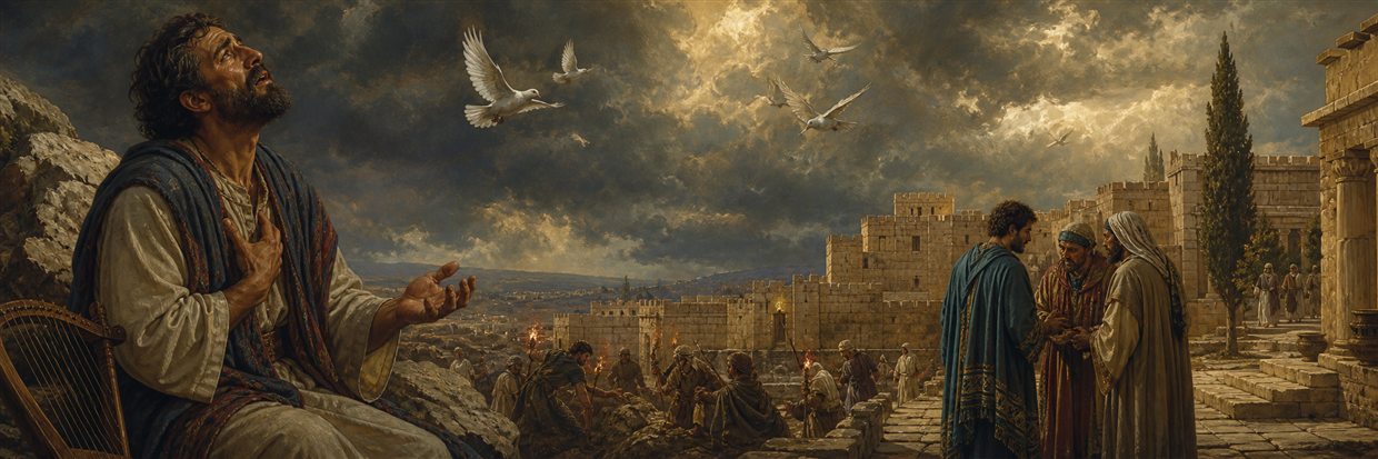 A distressed psalmist watches doves over a violent city while his former friend meets enemies