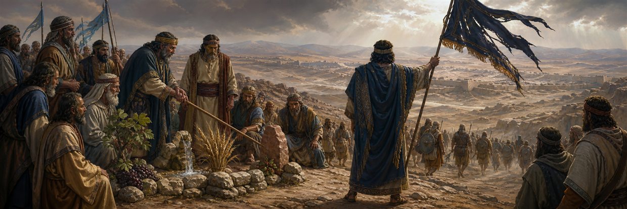 Leaders examine cracked earth and regional harvest symbols as a community raises a torn banner