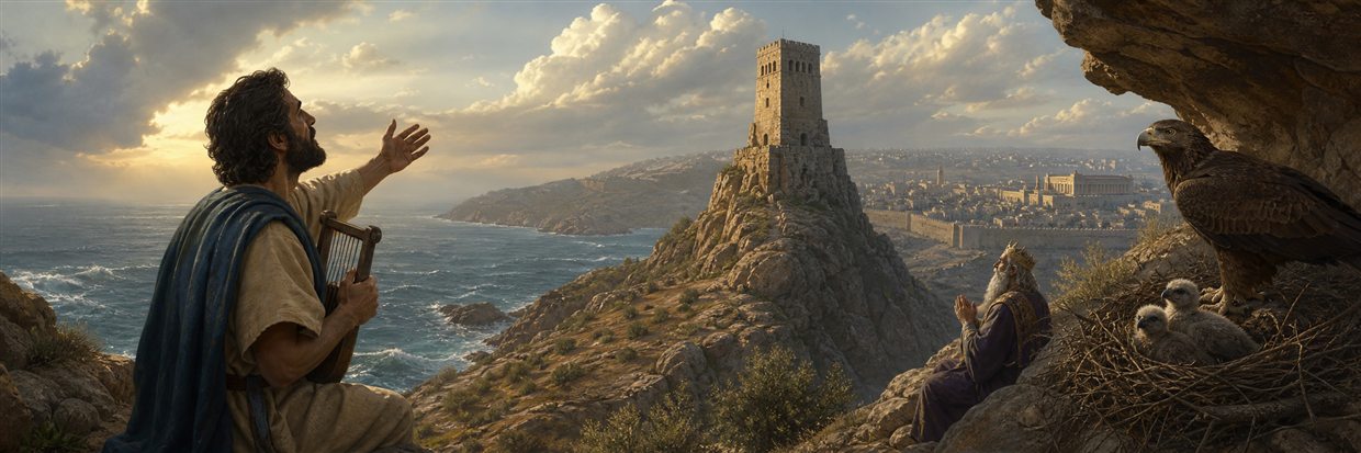 A distant traveler prays toward a high rock, fortified tower, and sheltering wings at sunset