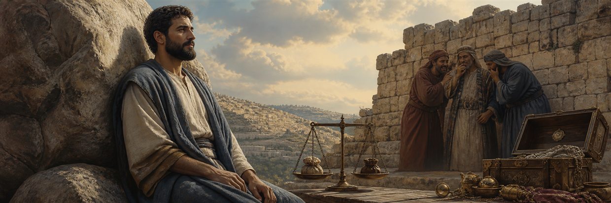 A peaceful man waits on a solid rock as attackers gather near a failing wall and empty scales