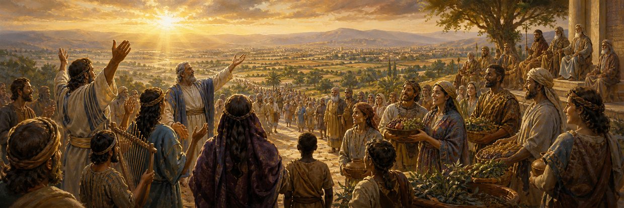 Families from many nations share a rich harvest and praise together beneath a bright peaceful sky