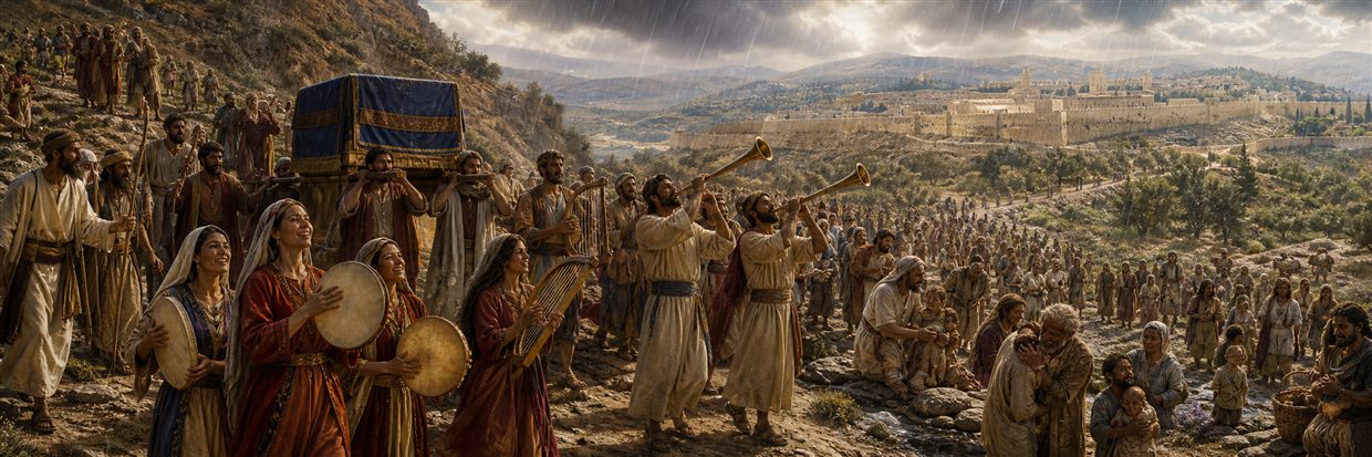 A sanctuary procession with musicians and the veiled ark advances as families and freed captives rejoice