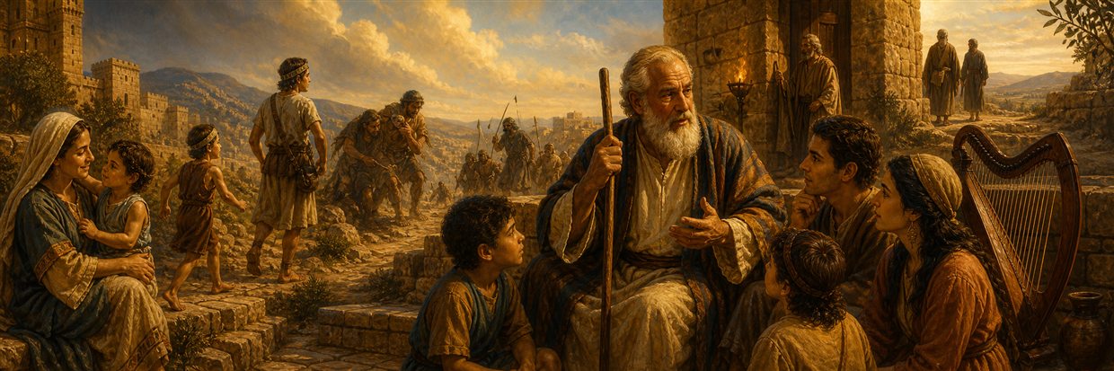 An elderly man with a staff teaches attentive children beside a harp as past dangers recede behind him