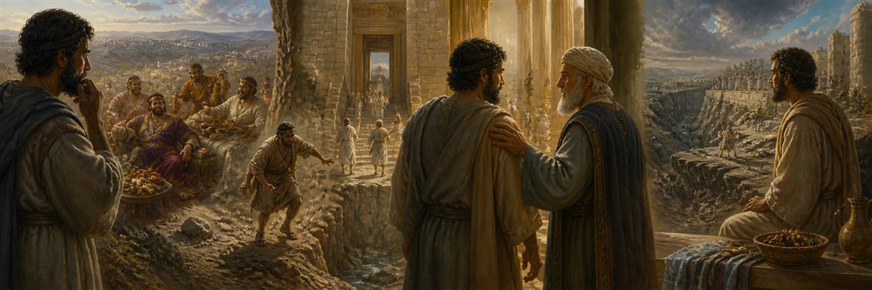 A troubled man leaves a wealthy feast and enters the sanctuary where an elder restores his perspective