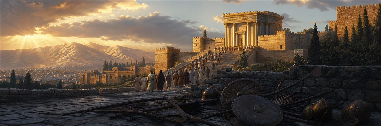 Abandoned shields and bows lie in shadow as worshipers climb toward a sunlit Jerusalem sanctuary