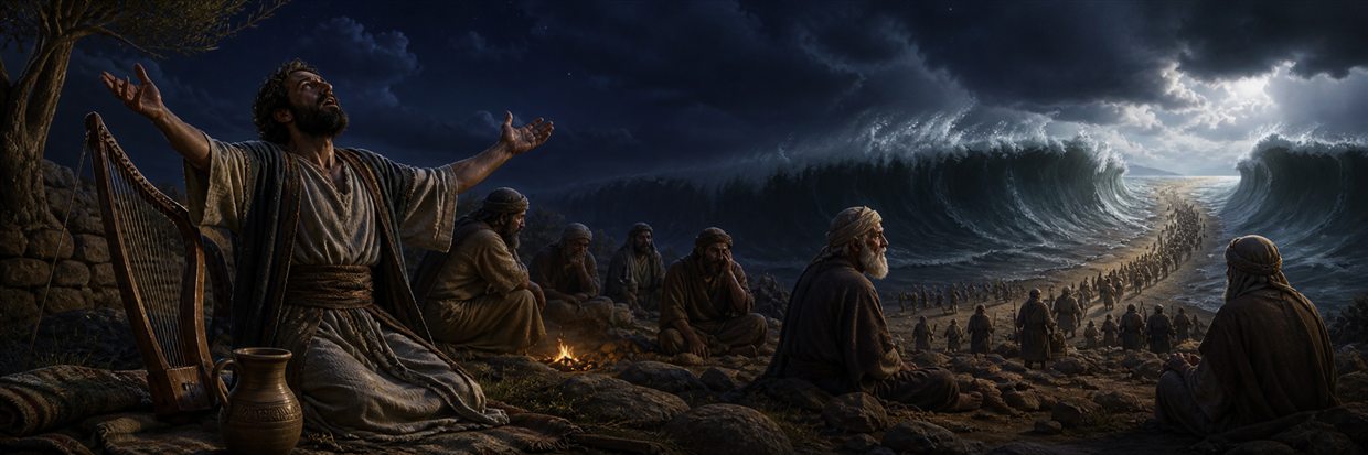 A grieving musician prays at night while a distant people cross safely between towering waters