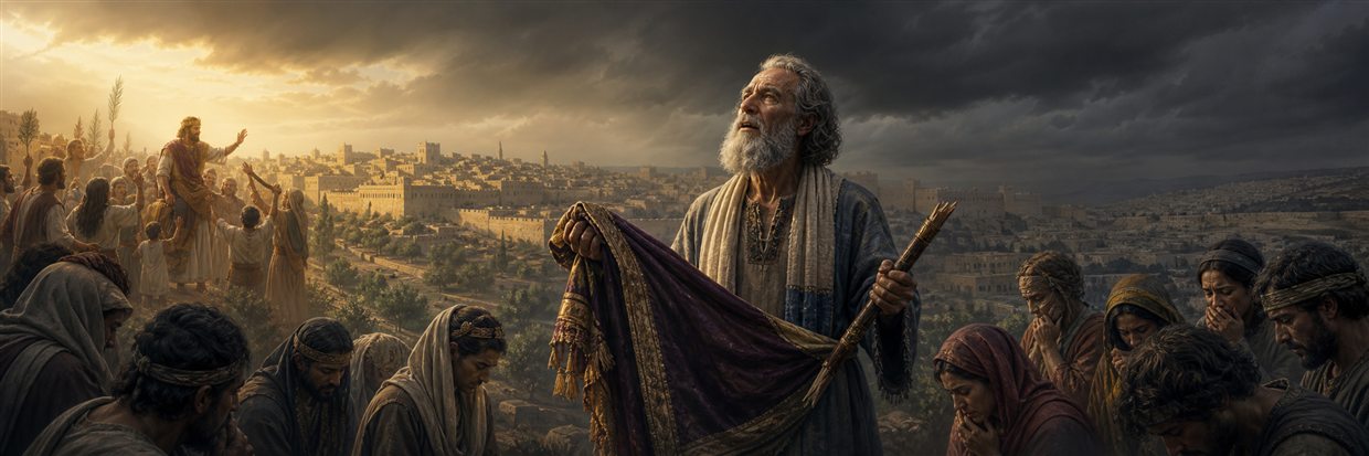 A grieving elder lifts a royal cloak between a bright memory of kingship and a storm-darkened Jerusalem