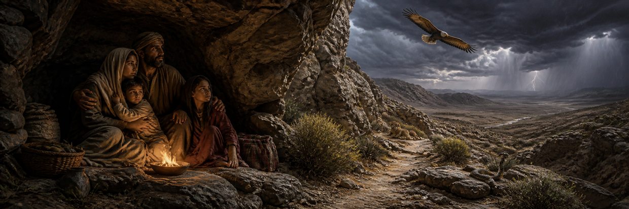 A family rests safely in a rocky shelter as an eagle circles above distant lightning, lion, and serpent