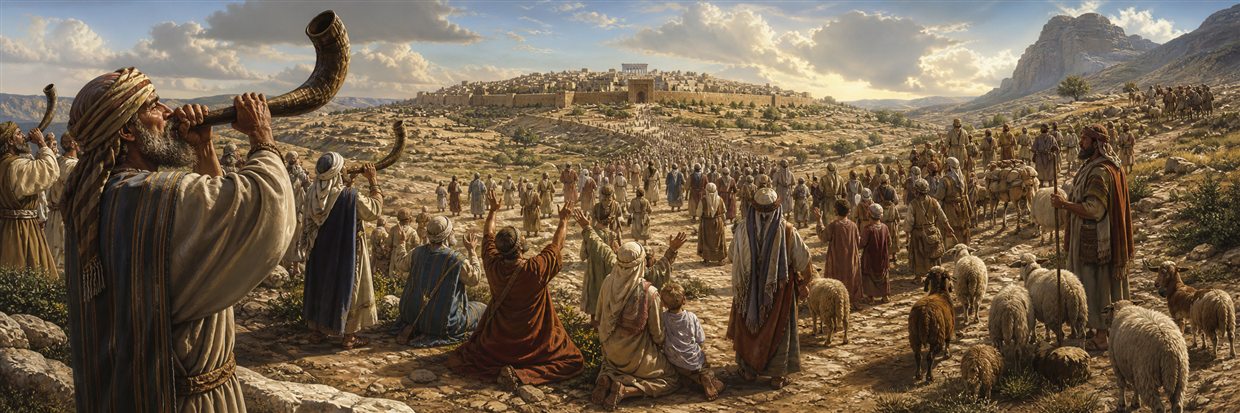 Worshipers with ram's horns, shepherds, and flocks cross rocky hills toward Jerusalem in joyful procession