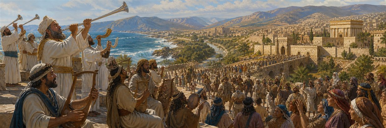 Priests sound trumpets as crowds, waves, hills, and distant nations converge joyfully near Jerusalem