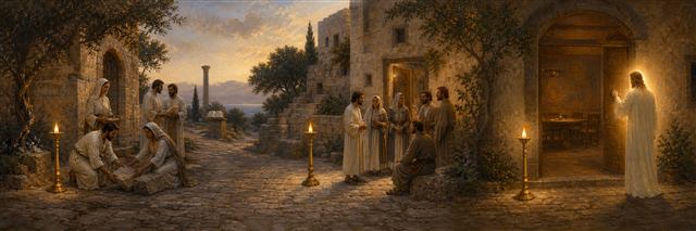 Three congregations beside separate lampstands, an open doorway, and a radiant visitor knocking