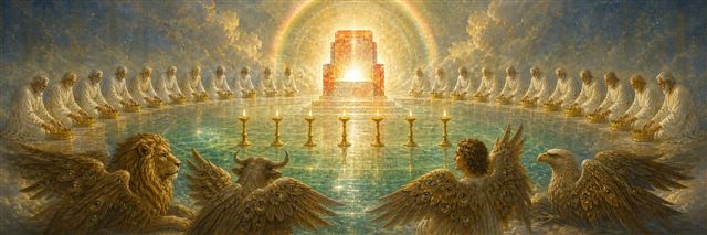 Twenty-four elders and four winged living creatures worshiping before a radiant throne and seven lamps