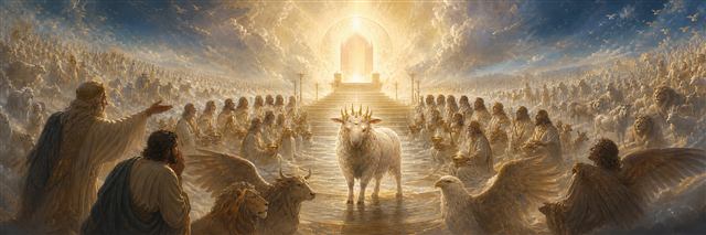 A living Lamb before the radiant throne receiving a seven-sealed scroll amid elders and countless worshipers