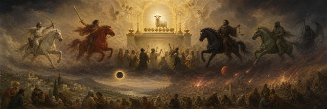Four differently colored horsemen crossing a darkened landscape as robed martyrs gather near an altar