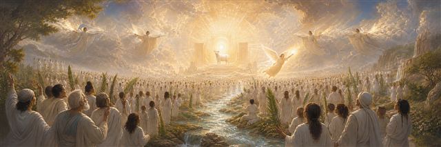 A vast diverse multitude in white robes holding palms beside living water before radiant throne light