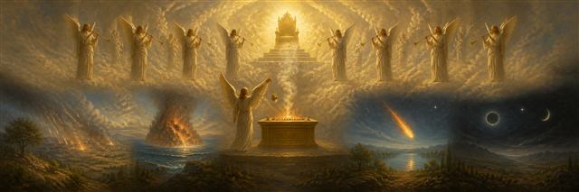 Seven trumpet-bearing angels around a golden altar as fire, a burning mountain, a star, and darkness touch creation