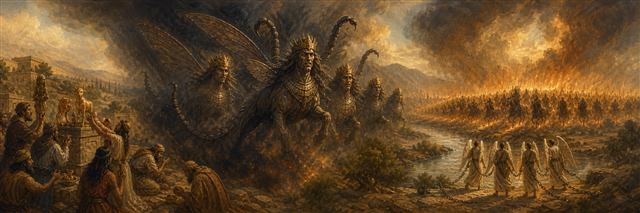 Armored visionary locust creatures emerging from smoke as a vast mounted army advances in the distance