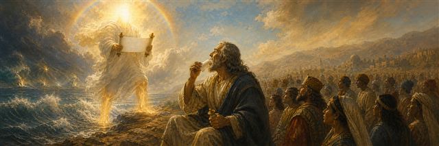 A cloud-clothed angel standing across sea and land gives John a small open scroll