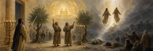 Two sackcloth-clad witnesses between olive trees and lampstands rising toward an opened heavenly sanctuary
