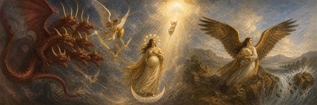 A woman clothed with sunlight beneath twelve stars protected as angels drive away a seven-headed red dragon