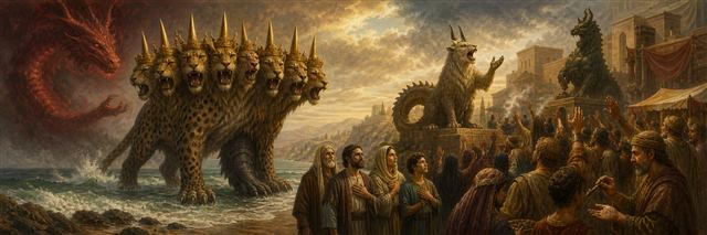 A seven-headed sea beast and two-horned land beast dominating a marketplace as a small group refuses