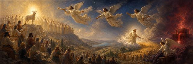 The Lamb with a faithful multitude on Mount Zion as three angels fly above grain and grape harvests