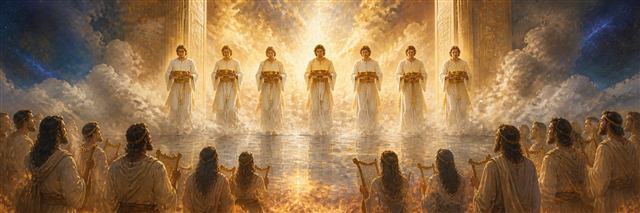 Worshipers with harps on a crystal sea as seven white-robed angels emerge with golden bowls