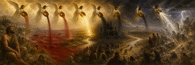 Seven angels pouring golden bowls over land, waters, sun, darkness, a dry river, armies, and a storm