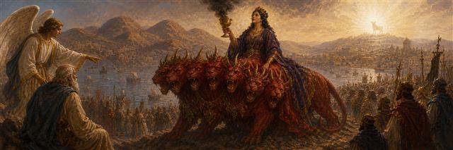 An angel showing John a richly dressed woman seated on a seven-headed scarlet beast above many peoples