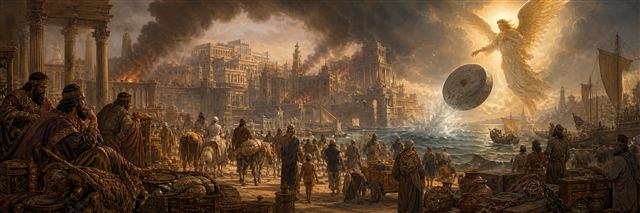 People leaving a wealthy smoke-filled port city as distant merchants mourn and an angel casts a millstone
