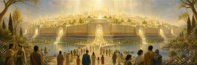 A radiant foursquare city descending into renewed creation as diverse nations enter through open gates