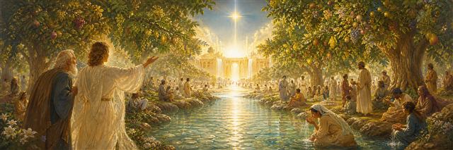 A clear river flowing through the holy city beneath fruiting trees as diverse nations gather and drink