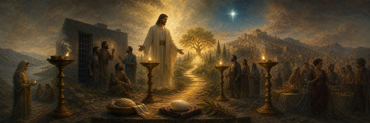 Four ancient congregations facing prison, compromise, lost love, and corrupt teaching beside golden lampstands
