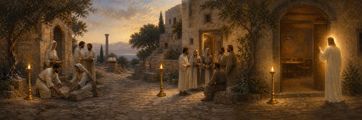 Three congregations beside separate lampstands, an open doorway, and a radiant visitor knocking