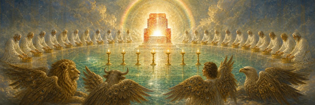 Twenty-four elders and four winged living creatures worshiping before a radiant throne and seven lamps