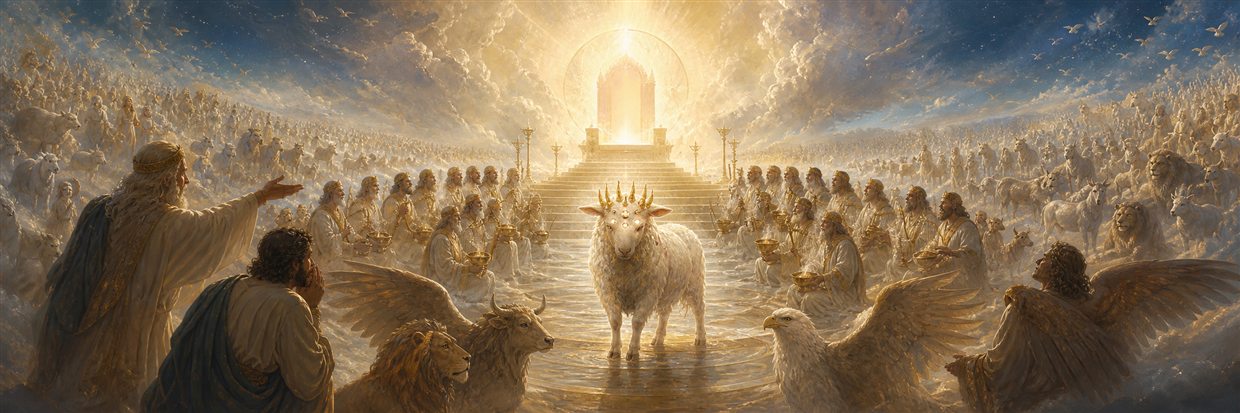 A living Lamb before the radiant throne receiving a seven-sealed scroll amid elders and countless worshipers