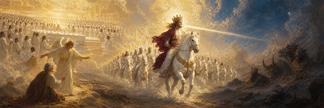 A crowned rider on a white horse advancing from open heaven as a vast multitude gathers near a wedding feast