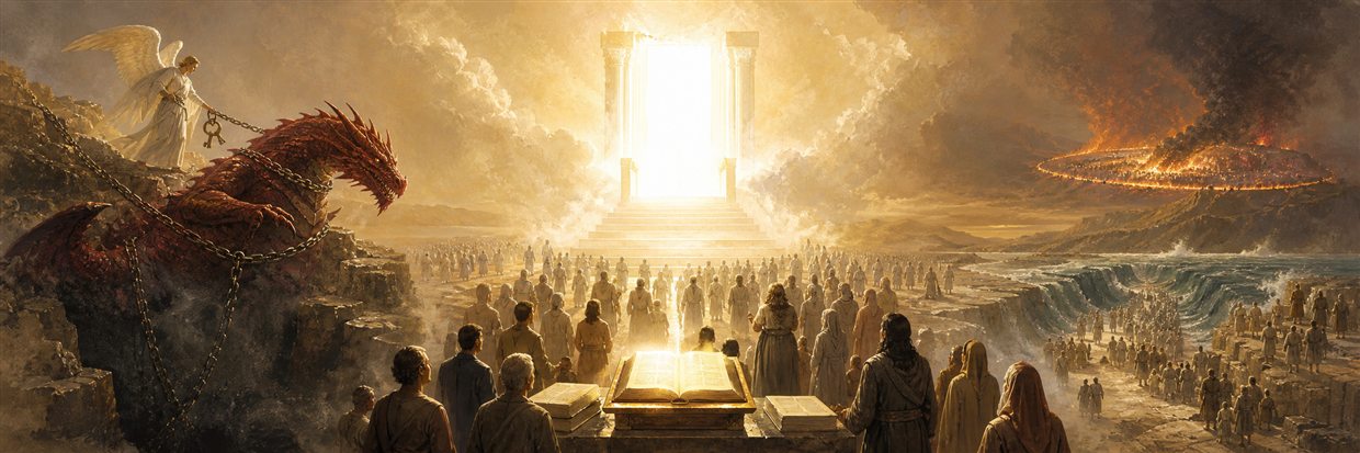 An angel binding a red dragon as multitudes stand before radiant throne light and opened books