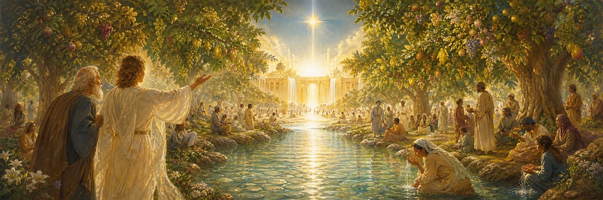 A clear river flowing through the holy city beneath fruiting trees as diverse nations gather and drink