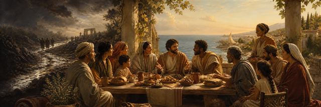 Former strangers sharing a peaceful meal as a dark road gives way to a bright coastal horizon