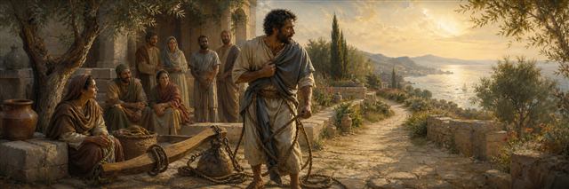 A weary man tangled in ropes and a wooden yoke while a bright path opens before him