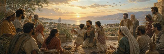 A joyful diverse community welcoming children as creation opens toward a radiant dawn