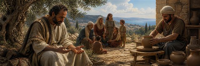 A grieving Jewish teacher beside a potter shaping clay as a multigenerational family gathers nearby