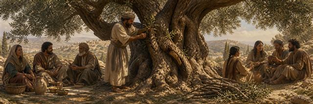 A gardener grafting fresh shoots into an ancient olive tree as diverse believers rest beneath it