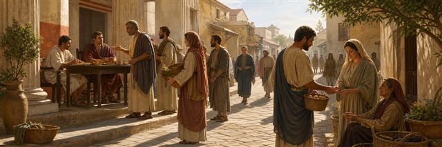 Neighbors fulfilling civic duties and helping one another on a sunlit first-century Roman street
