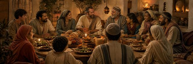 A diverse house church peacefully sharing bread, vegetables, and other foods around a common table