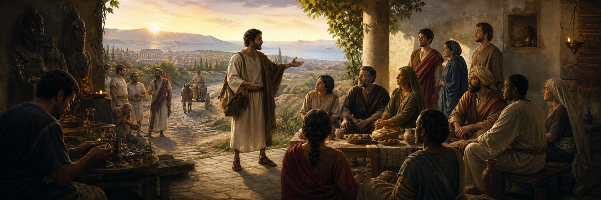 A teacher bringing good news to a diverse Roman household as dawn breaks beyond abandoned idols