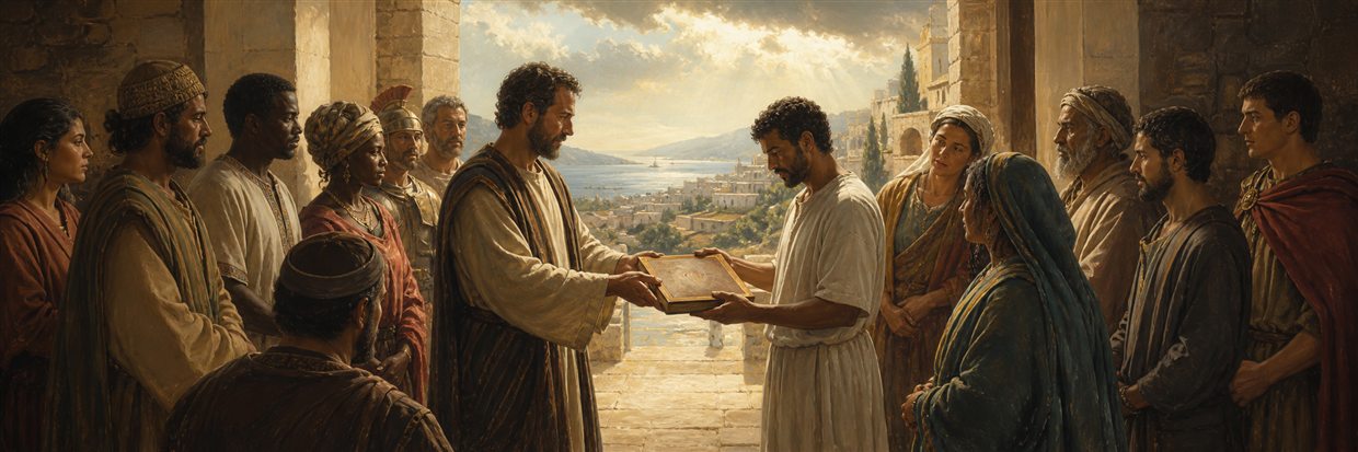 Diverse people gathered around a freely offered gift and a closed accounting ledger